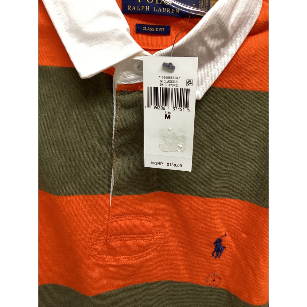 Polo Ralph Lauren Mens Rugby Shirt Classic Fit Striped Green Orange M NEW - Picture 6 of 7